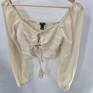 Forever 21 Cream Ruched Back Balloon Sleeves Off Shoulder Crop Top Size Small